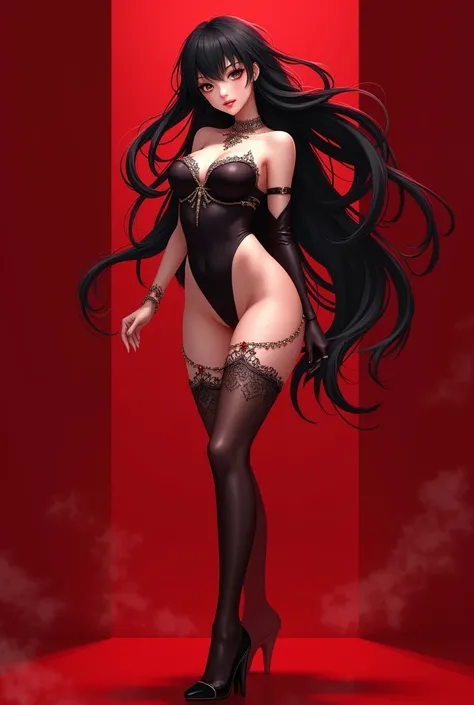 sexy anime character seductuve clothing and beautiful hair with red background