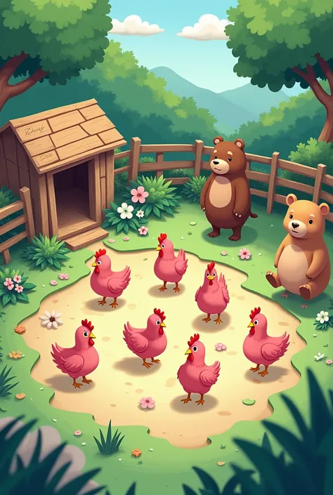  Create me a homemade corral with hens inside around plants and a cow and a bear I use taking care of them , Let the bottom be tender blue and the hens pink that have a name  