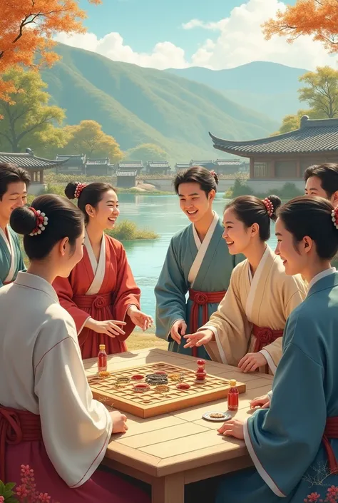 People from the olden days enjoying traditional Korean games 