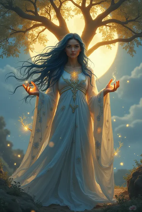 Thalindra, a divine being, embodies balance between light and shadow. Her long, flowing hair is a deep blue with golden streaks, symbolizing both light and darkness. Her eyes glow gently, radiating peace and wisdom. She wears a flowing celestial robe that ...