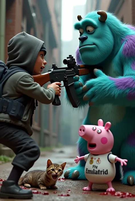 Someone pointing an AK47 at Soliban from Monster Inc and that the cat is bleeding out and lying on the floor and preferably that Peppa the piggy in the Real Madrid shirt is shooting at him 