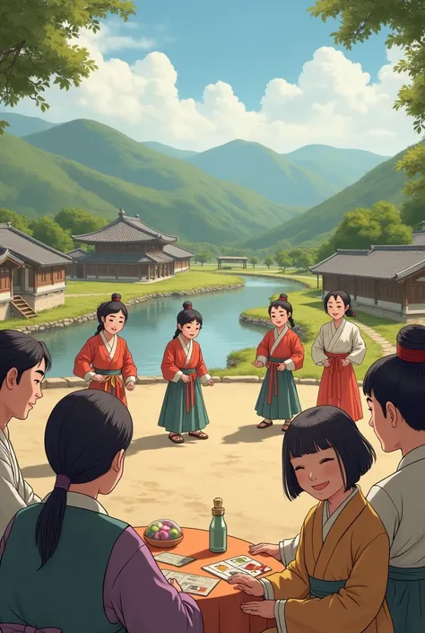 People from the olden days enjoying traditional Korean games 