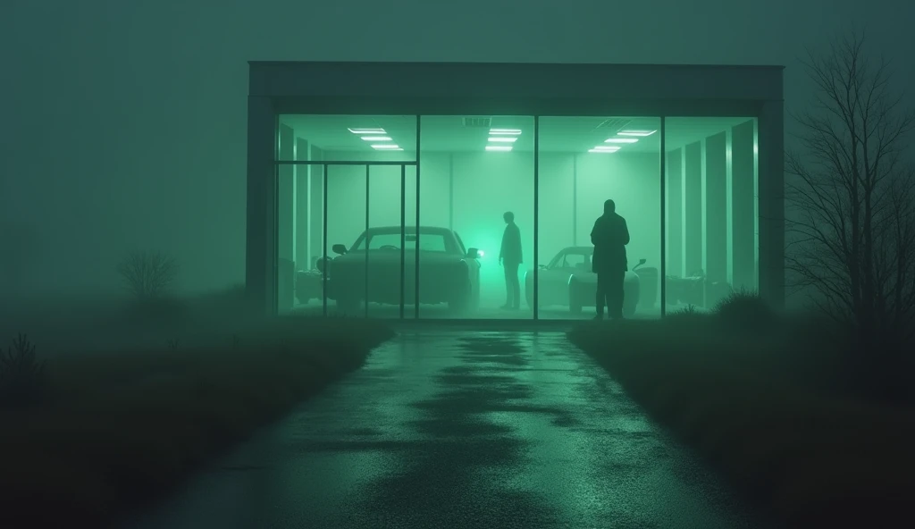 Haunted car showroom at night: A dimly lit car showroom on an abandoned road, surrounded by dense fog. The glass walls reflect faint silhouettes of ghostly figures, and an eerie green glow comes from one of the cars.