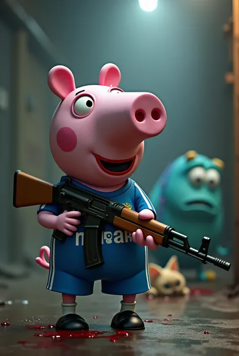 Peppa the piglet in the Real Madrid shirt pointing an AK47 at Soliban from Monster Inc and that the cat is bleeding out and lying on the floor 