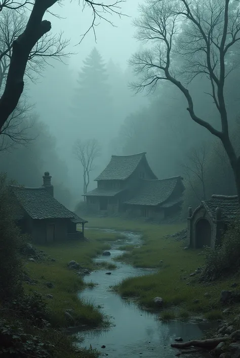 mystical,  a foggy forest area with many crooked trees ,  old Chinese village ,  hard to find ,  foggy thins near the village ,  village of dragons ,  simple village ,  few inhabitants ,  On swamp water where long trees grow out of the water and protect th...