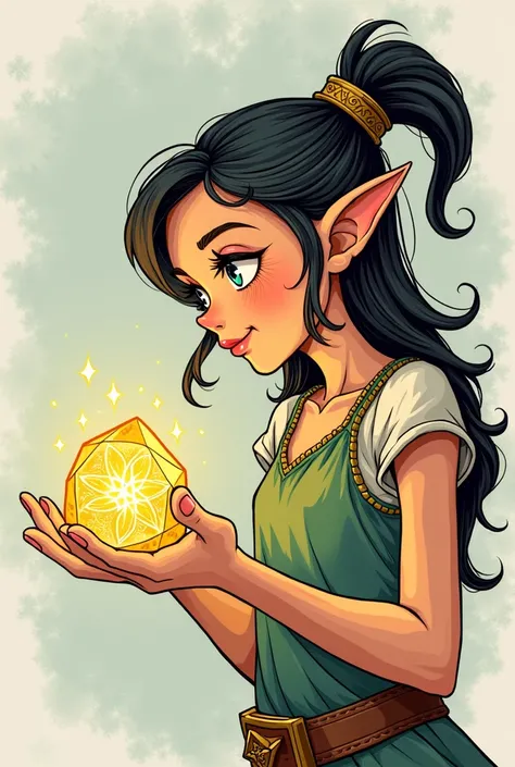 Hand draw an American comic style elf with a shiny stone that has symbols in her hand,  in semi-profile 