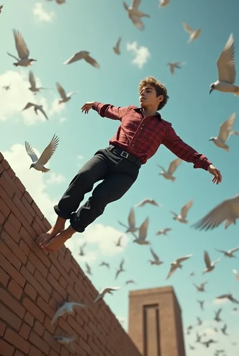 (photorealism:1.2), beautiful Afghan boy,20-year-old,
 falling from the top of a brick wall, his legs is in air and up, he is wearing baggy black pants and a checkered red shirt. 
he has dark golden hair and falls beautifully, he falls between birds, with ...