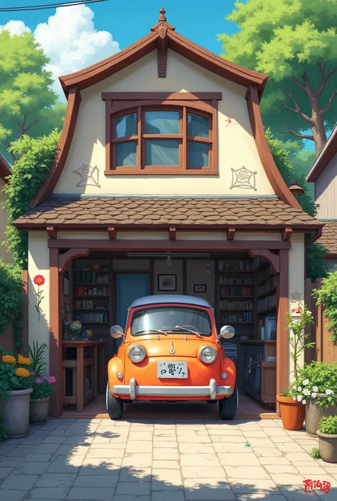 Draw a picture of a car parked in the garage of an anime-type house