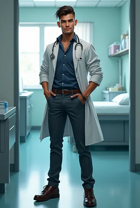 Sri lankan handsome teen handsome gangster doctor prince with a stethoscope and mischievous smile and undercut hair style wearing a stylish office outfit and stylish leather boots is standing confidently at a clinic room, full body