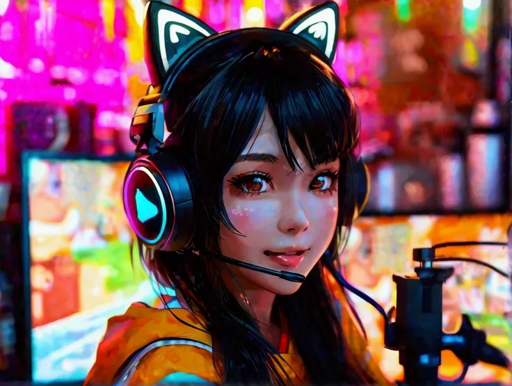  Photorealistic video of a cute Japanese idol broadcasting a video game live.  She has big, expressive eyes , A bright smile,  and long black hair with colored stripes .  She is wearing a trend ,  colorful outfit with kawaii accessories .  The background s...