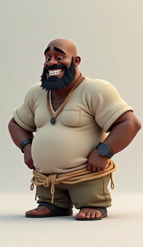 3D animation of a bald dark brown skinned black man with average build with a full beard and mustach wearing a mesh t shirt with hemp rope draped over his shoulds smirking at camera no teeth, dark skin