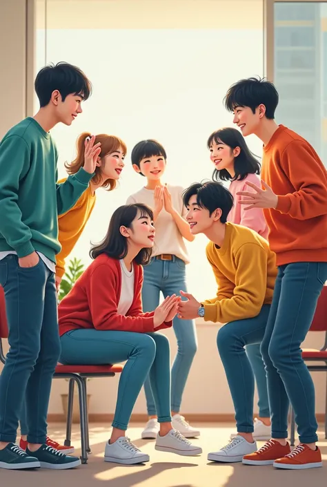 An image of several Korean male and female students wearing clothes making a double clip with different ideas