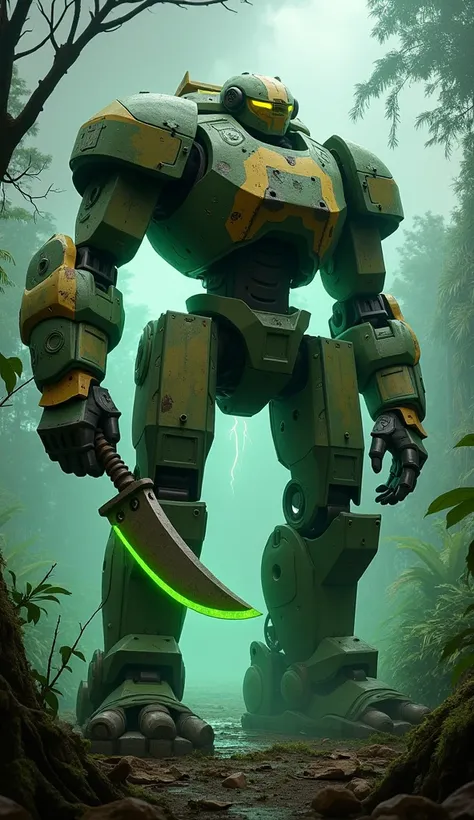 "A massive muscular warbot inspired by Jane Porter from Disneys Tarzan, standing in a warzone. The warbot’s body is armored with earthy green and brown panels, reflecting the colors of Jane’s jungle attire and the natural world. Neon light pulses from its ...