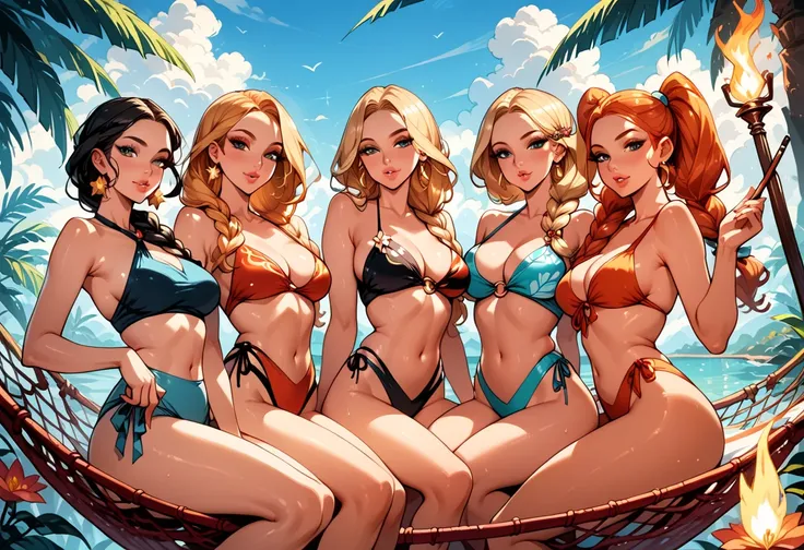 score_9, score_8_up, score_7_up, rating_questionable, epiCPhoto, four girls, very sexy, sexy teenage girls, (,blonde, ginger, black, ponytails, wavy, long thick braid:1.1), beautiful waifus, hot tight bikinis, bare shoulders, in tropical island, thicc, sex...