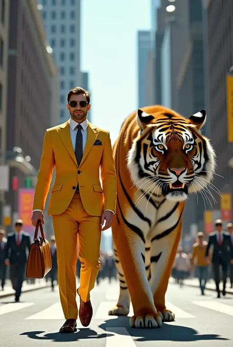 A man dressed in a yellow suit wearing shoes walks with a giant tiger in New York City 