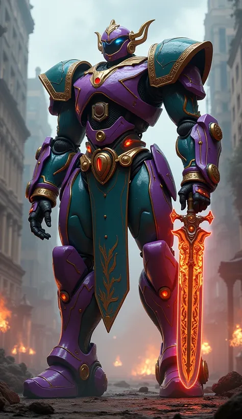 "A massive muscular warbot inspired by Esmeralda from Disneys The Hunchback of Notre Dame, standing in a warzone. The warbot’s body is armored with rich purple, teal, and gold panels, reflecting the colors of Esmeralda’s vibrant attire. Neon light pulses f...