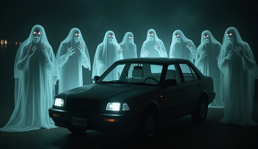 Ghostly figures surrounding a car: Multiple translucent, ghostly figures circling a parked car in the dark. Their faces are distorted, and their hands press against the cars windows.
