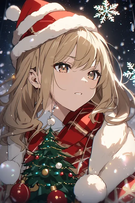  anime-style adult woman with a confident expression, with a serene and decisive look . His eyes are brown and his hair is short and brown blonde.. She wears a small silver necklace with a J . In his head,  wears a red Christmas hat with a white pompom .  ...