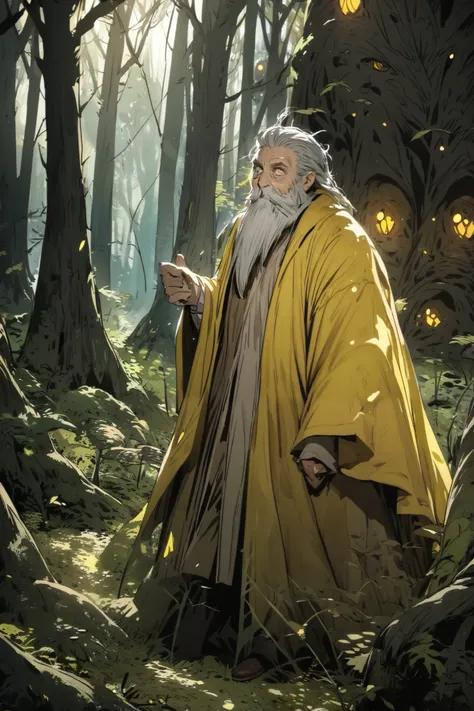 Owl turning into a wizard, in the forest, shining yellow, wizard, old man, man, beard