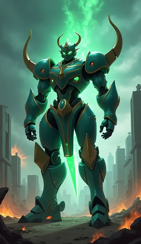 "A massive muscular warbot inspired by Raya from Disneys Raya and the Last Dragon, standing in a warzone. The warbot’s body is armored with sleek, dark teal and bronze panels, reflecting the colors of Raya’s outfit and her warrior spirit. Neon light pulses...