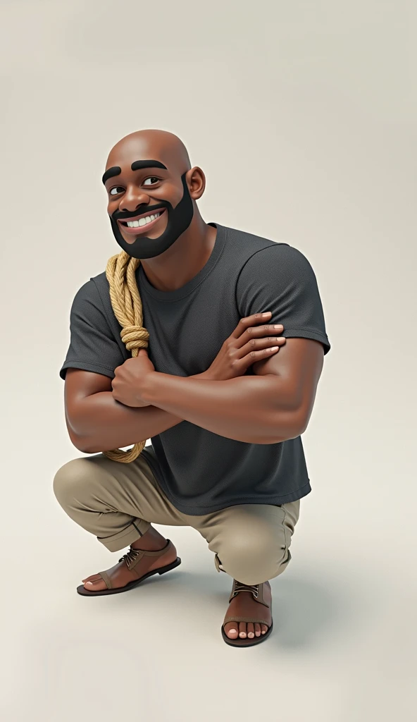 3D animation of a bald dark brown skinned black man with average build with a full beard and mustach wearing a mesh t shirt with hemp rope draped over his shoulds smirking at camera no teeth, dark skin