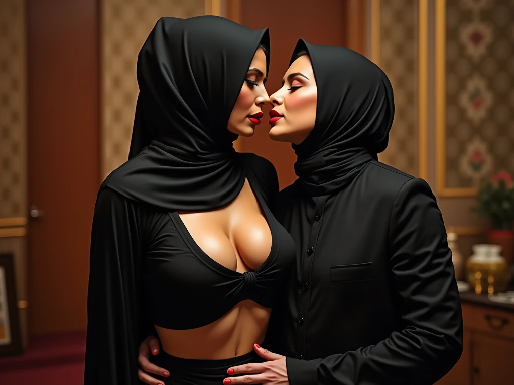 (very Voluptuous sexy, sultry, kim kardashian a hardcore orthodox islamic muslim sexy voluptuous bhabhi with huge breasts  in a sexy hijab, red chili lipstick and cleavage visible having sex with fair skinned orthodox young brahmin pandit male model with a...