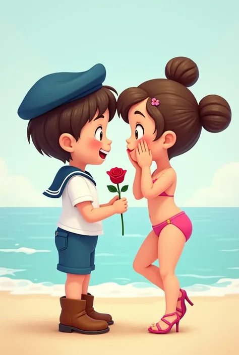 A little young cute boy in sailor costume, blue shorts, blue beret, brown boots, gives a rose a thin cute shy girl in a pink bikini, very very high heeled sandals, her hair is gathered in two buns, full face-blush, put her hands to her cheeks, cartoon