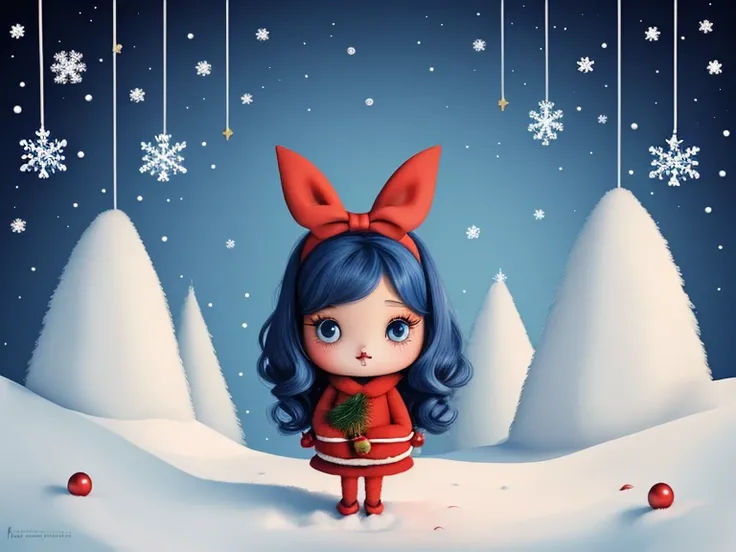 cute cartoon bunny , big eyes,  long lashes, headband with a bow,  holds a Christmas ball , snowflakes, beautiful.