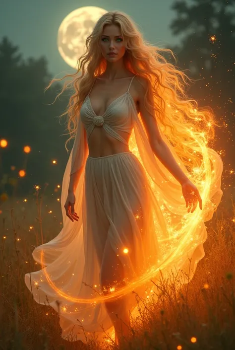  Make me a a very beautiful woman, blonde with fire powers .  And make fireflies around her  