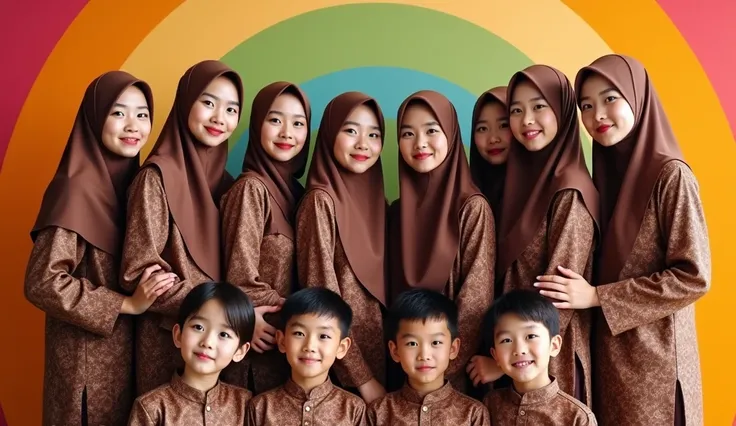 Group photo featuring 10 beautiful women in Indonesian hijab , and with 4 Korean Handsome Boys  , posing in front of the camera ,  with a charming smile  ,  wearing fancy brown batik clothes with matching long sleeves ,  with rainbow colored background . u...