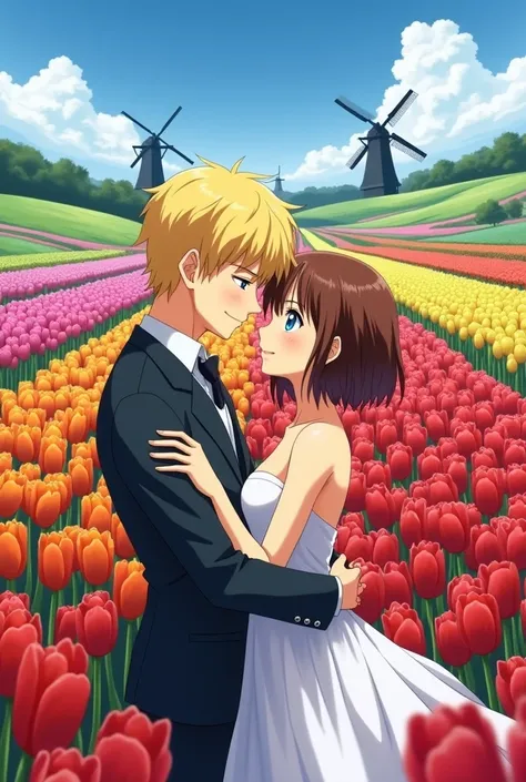 WEDDING SCENE ,  A BROWN-EYED WOMAN WITH BROWN EYES ,  short hair,  WITH A MAN WITH BLOND HAIR AND BLUE EYES,  ANIME VERSION OF A LANDSCAPE THAT IS THE TULIPS OF HOLLAND ,  MAKE IT A CAPTAIN TSUBASA 