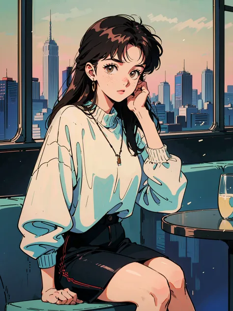   A fine white sweater  , 8k,   1980s Style  , 21 year old girl,   black hair,   long hair,   light brown eyes,    Im sitting in front of a table 、 Im putting my right hand on the table ,  Freckles,   wearing 1980s clothes  , Tokyo cityscape 、Im sitting in...