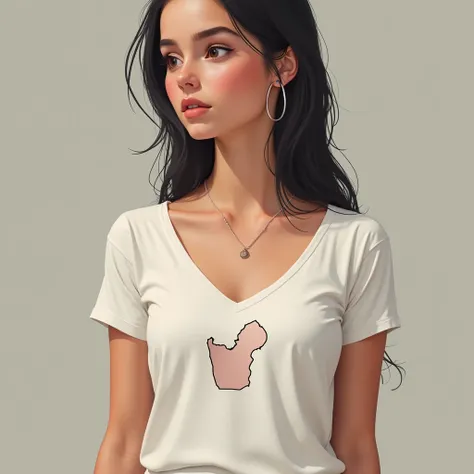 a girl in a T-shirt with a deep neckline, a tattoo of the flag of Qatar in the form of an outline of the country of Qatar on her chest