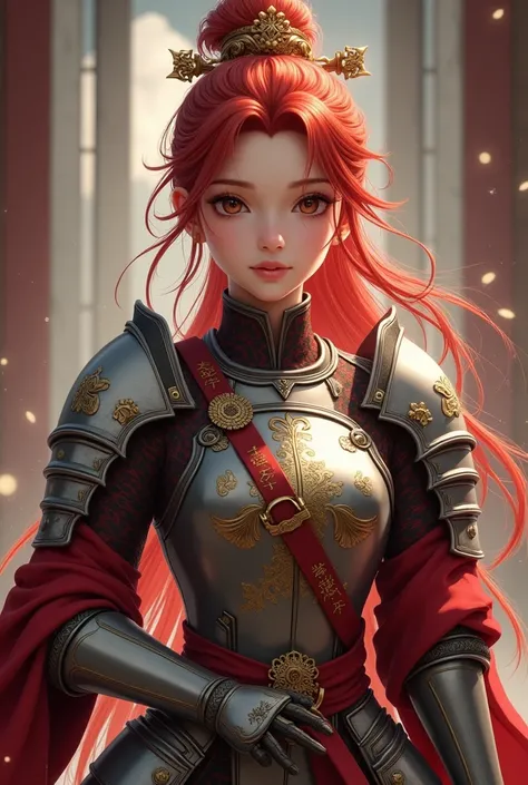 I want you to know that a female character, red-haired, about 20, about 169 tall, uses a modest chest, wears armor as a female warrior, has a pretty face, looks smart and noble as a dynasty.