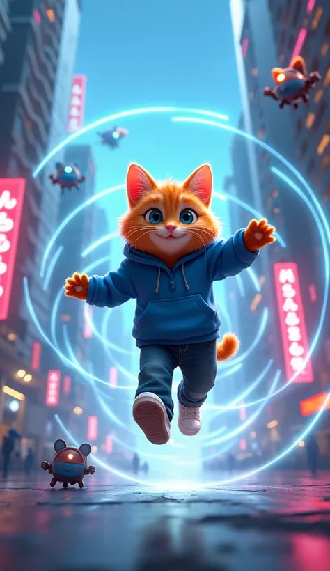 Whiskers, a 16-year-old male orange cat, with big blue eyes and soft fur, wearing a blue hoodie, blue jeans, and blue sneakers, leaps through a swirling, glowing portal. The background is a vibrant digital city with glowing buildings, neon signs, and flyin...