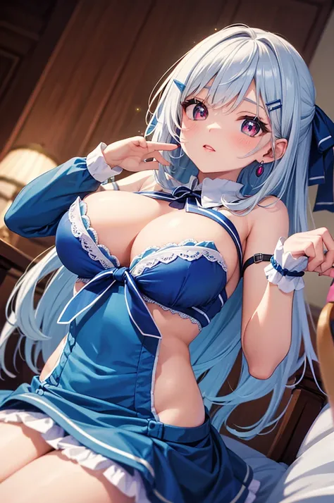 A beautiful girl in a light blue bikini sitting on a bed, anime girl, white skin, back 1:5, light blue strapless lace bra 1:5, the background is the bedroom, band over 1:5, lying on the chair, big rounds breasts, hairclip, ribbon, glowing eyes, pupils spar...