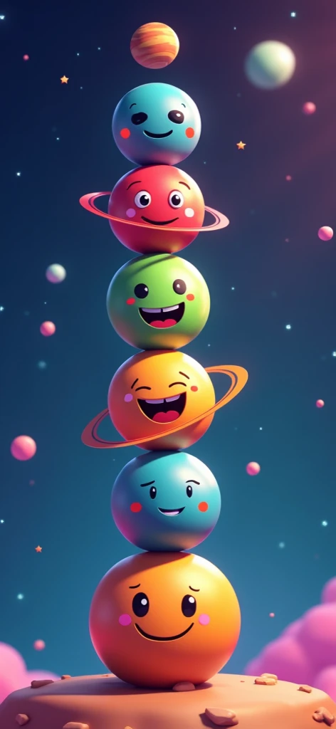 "Create a lively, animated space puzzle game featuring colorful planets with expressive faces. Stack planets strategically under a galactic theme, ensuring they align to score points. Incorporate various facial expressions to enhance engagement and a playf...