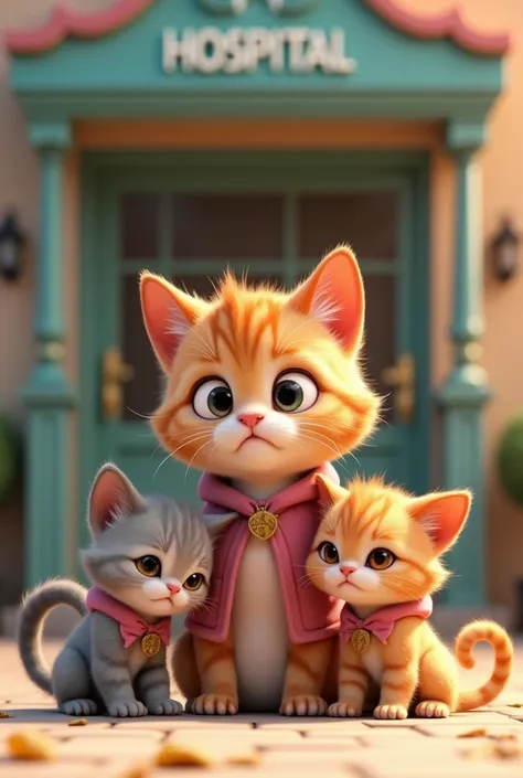 A cat and her kittens  in cutest dressed get the limpy skin virus on the all boady acne and they both sit outside the hospital crying 3d animation cartoon 