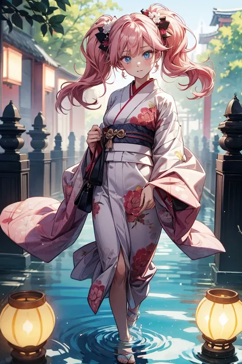 Beautiful anime girl, wearing a red and white floral kimono with pink hair in pigtails, looking at the camera, with blue eyes, a full-body portrait, water lanterns in the background, in a watercolor art style, with pastel colors, glossy skin, shiny eyes, v...