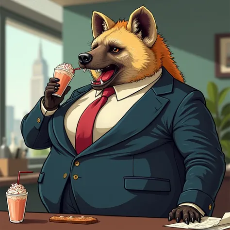  A large overweight hyena in an executive suit with her buttons squeezed because of her fatness, standing inside the office drinking milkshakes 