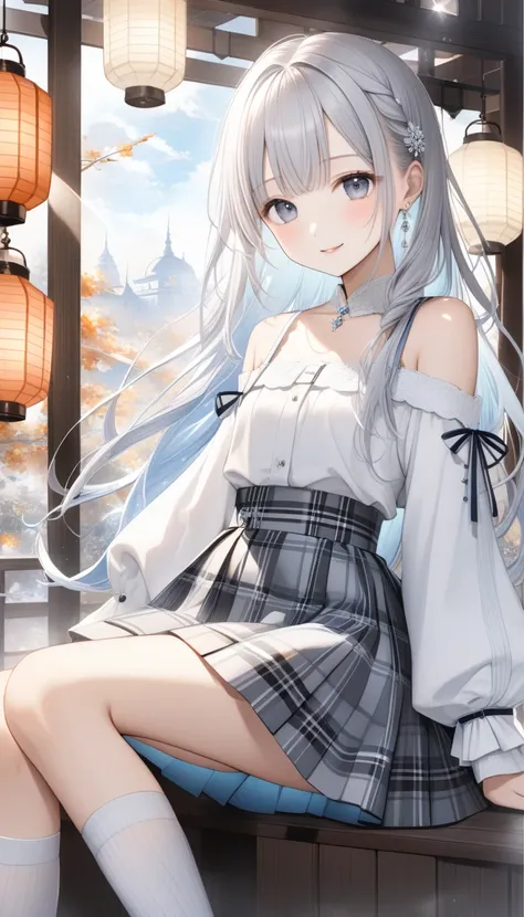  1 cute  girl ,Young Face、 slim figure、Thin legs、８Head to Body、((Beautiful gray hair ))、( light blue inner color )、(( Beautiful Long Hairstyle )、(( Black Open Shoulder 、Lantern Sleeve 、 high waist 、 Plaid Mini Skirt 、 Silver Accessory 、 Beautiful Fall/Wint...