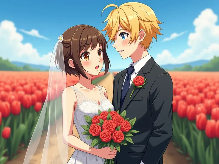 WEDDING SCENE ,  A BROWN-EYED WOMAN WITH BROWN EYES ,  short hair,  NEXT TO A MAN WITH MEDIUM-LONG BLOND HAIR, LITTLE BIT AND BLUE EYES ,  ANIME VERSION OF A LANDSCAPE THAT IS THE TULIPS OF HOLLAND , DO IT ANIME VERSION 