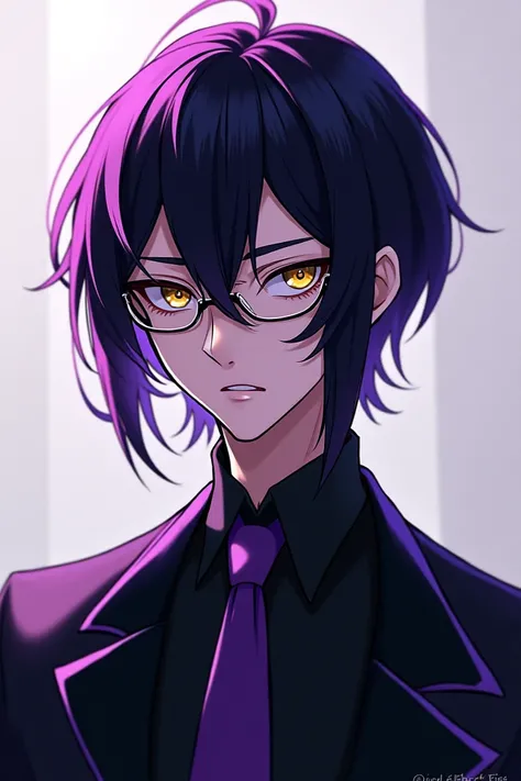  A tall man with black and purple shoulder length hair.  Gold eyes and glasses . Social clothing and anime style  