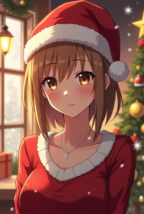  anime-style adult woman with a confident expression, with a serene and decisive look . His eyes are brown and his hair is short and brown blonde.. She wears a small silver necklace with a J . In his head,  wears a red Christmas hat with a white pompom .  ...