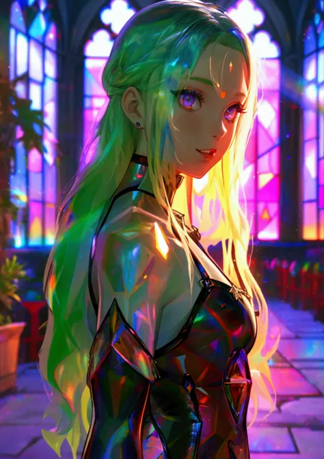  Girl Praying 、 The background is a sunset  、  Medieval Streetscape with Baskets  、 In a kaleidoscope 、  stained glass background  、Legendary Scenery  、   Mysterious Scenery Unfolding  、 The cathedral shines brightly 、red and green contrast  、Path of Light...