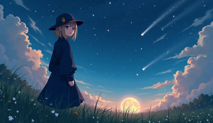 8k、 high school girl、 mature、smile、 Looking Back、 Navy Blue Robe 、Three-cornered hat、 medieval Europe 、 Another World、Meadow、 magic 、night、 romantic、 glitter、Lots of meteor showers 、 starry sky 、Anime 2D Style、Lo-Fi、LoFi、アニメ調Illustration、Illustration