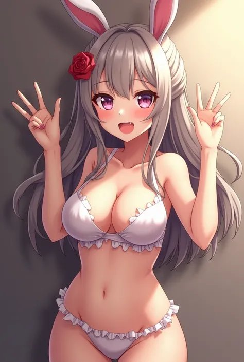 Anime girl with rabbit ears showing her breasts and naked body while smiling provocatively 