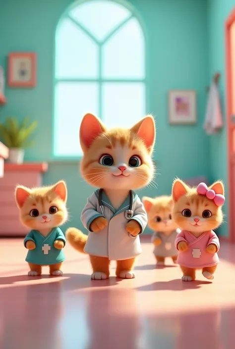 A cat and her kittens  in cutest dressed  going to hospital for  admit 3d animation cartoon 