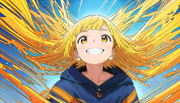 (masterpiece, Highest quality, Official Art:1.2), 
look at the sky, One Girl, alone,
(yellow hair, bob cut) and (yellow eyes), 
wearing a hoodie, smiling, happy, 
Blue Sky Background, 
Ultra-fine illustrations, highly detailed, Dynamic Angle, beautiful det...