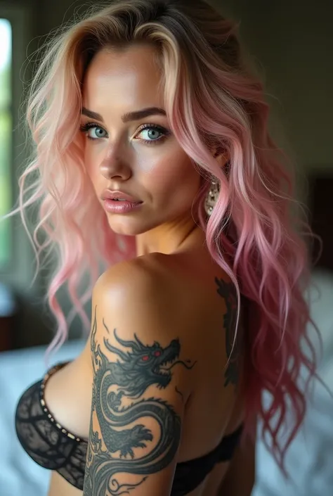 Hyper realistic photo, long hair, blonde and curly, pink highlights, White girl, 21 years old, light blue eyes, dress, large dragon tattoo, busty with very large natural breasts and cleavage, tub top, dimples, bedroom, with light skin, The eyes are large, ...